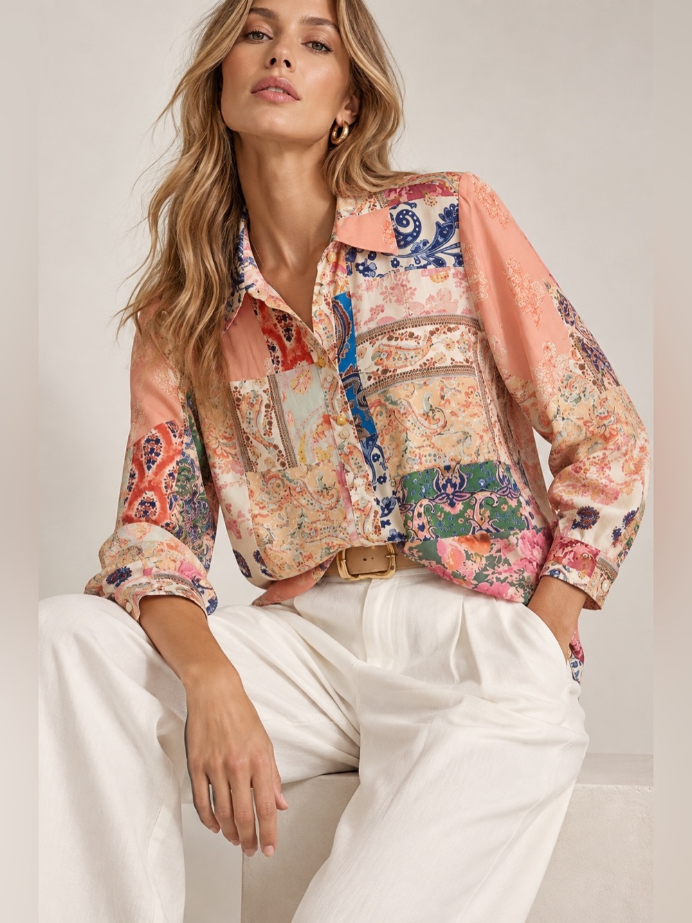Rachel Zoe Patchwork Paisley Floral Blouse Oversized Small | Zimmermann Vibes
